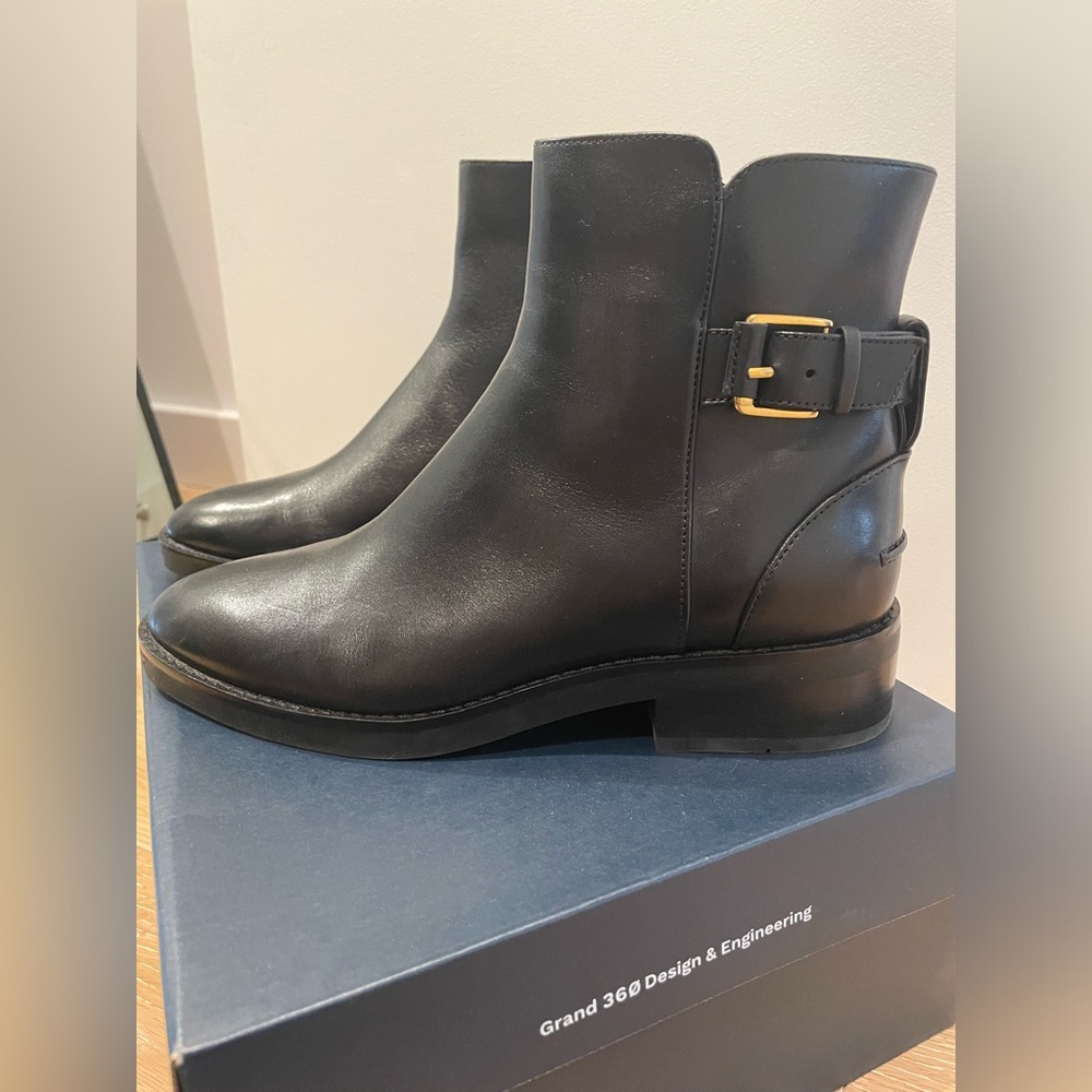Cole Haan Black Leather Ankle Booties with Gold Buckle Accent
